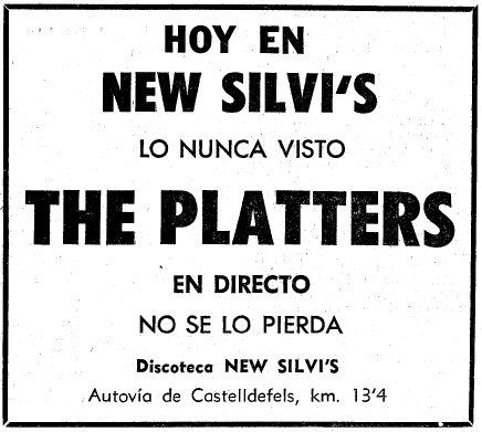 Anunci del concert de THE PLATTERS a la discoteca New Silvi's de Gav Mar publicat al diari LA VANGUARDIA el 6 d'Agost de 1981